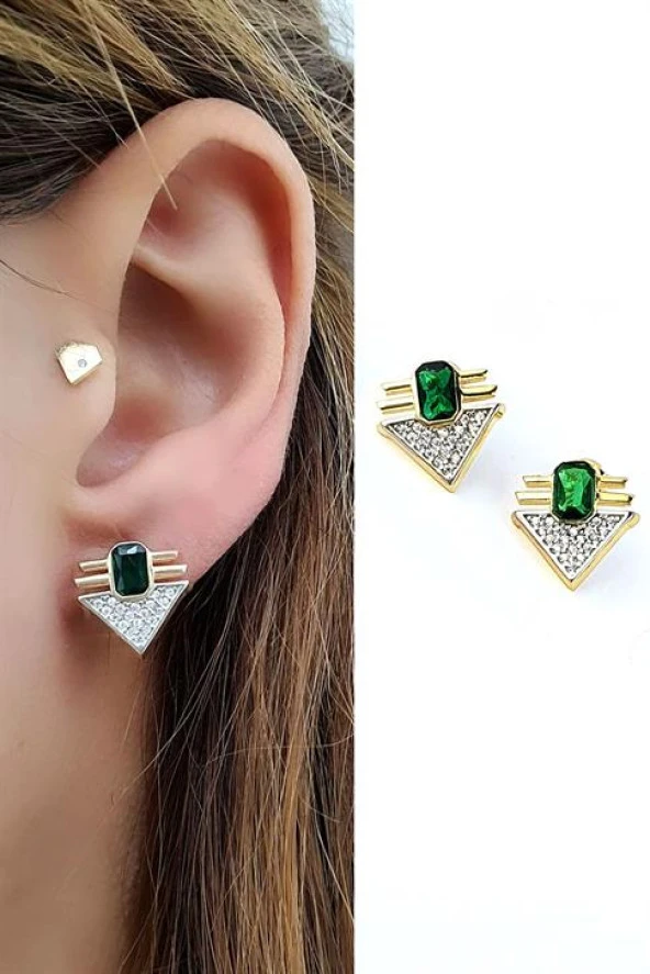 Yeşil Zirkon Taşlı 925Ayar Gümüş Üzerine Altın Kaplama Luxury Tasarım Trend Küpe ürün görseli