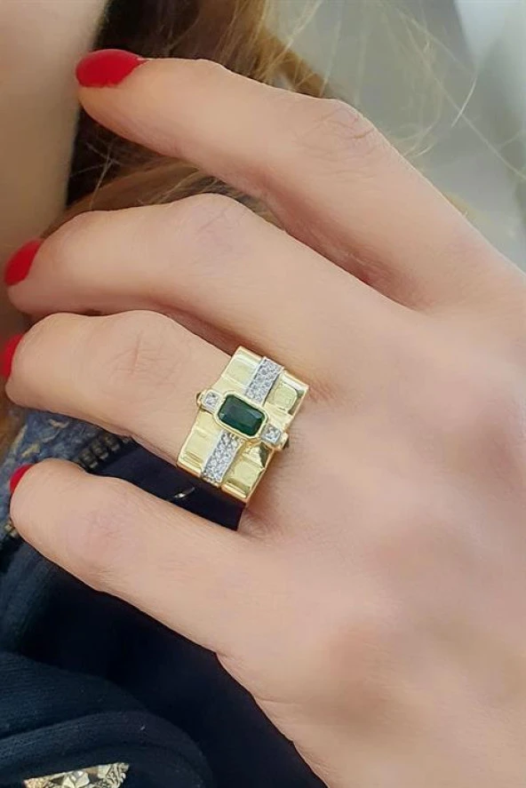 Yeşil Zirkon Taşlı 925Ayar Gümüş Üzerine Altın Kaplama Luxury Tasarım Ayarlanabilir Yüzük ürün görseli