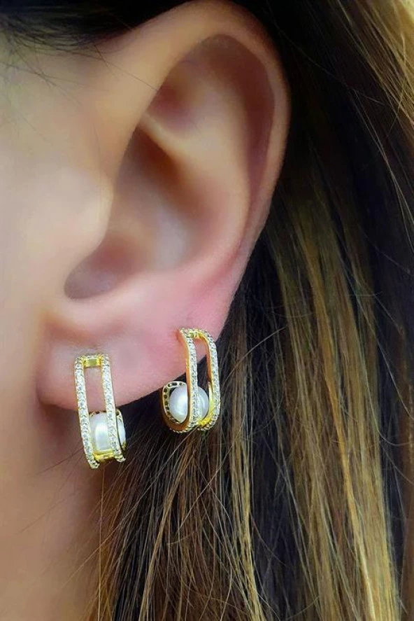 Zirkon Taş Detaylı 925Ayar Gümüş Tasarım İtalyan İnci Küpe ürün görseli