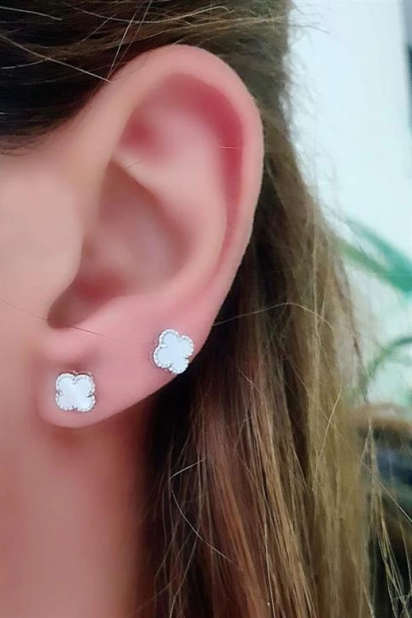 Sedef  Taşlı 925 Ayar Gümüş Yonca Küpe ürün görseli