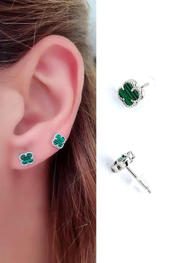 Malakit Taşlı 925 Ayar Gümüş Yonca Küpe ürün görseli