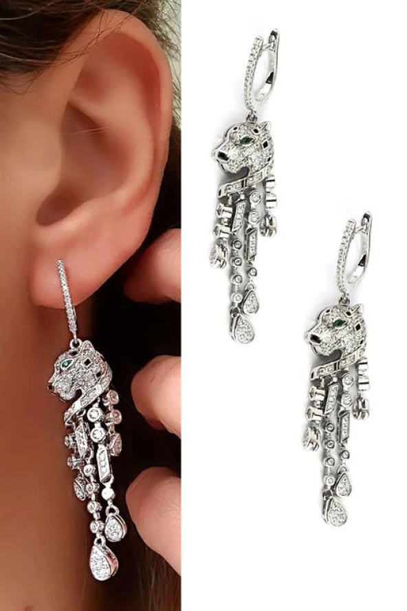 Pırlanta Parlaklığında Zirkon Taşlı 925Ayar Gümüş Italyan Tasarımı Kaplan Küpe ürün görseli