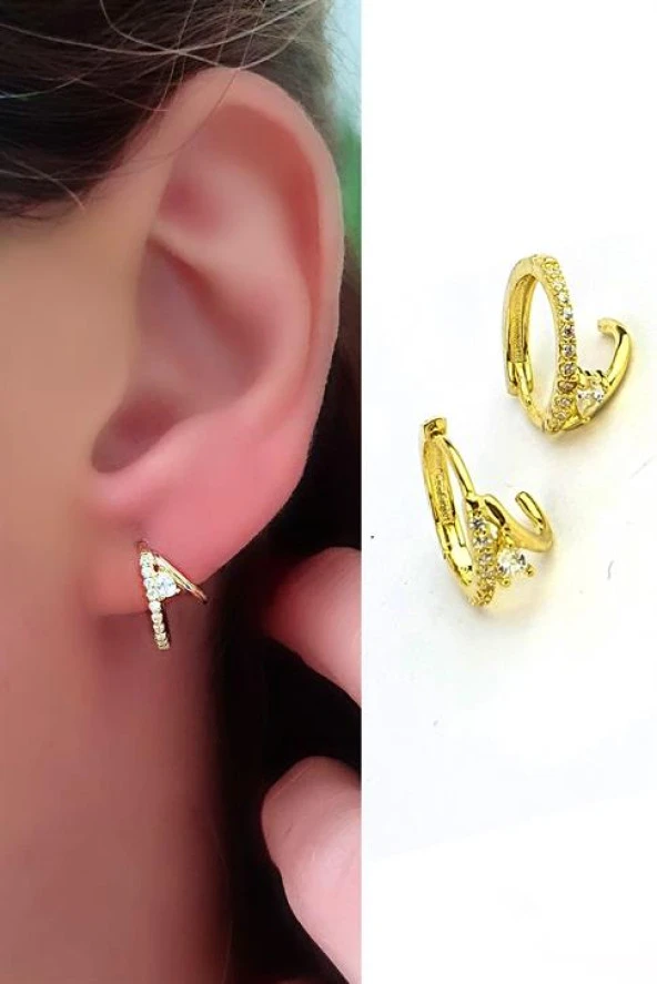 Pırlanta Parlaklığında Zirkon Taş Detaylı 925Ayar Gümüş Üzerine Altın Kaplama Tasarım Halka Küpe ürün görseli