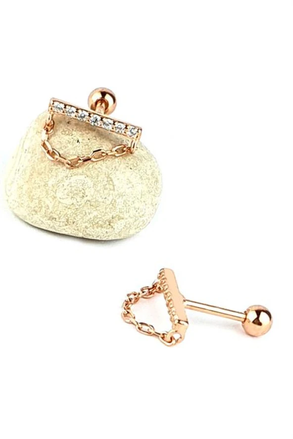 925Ayar Gümüş Rose Zirkon Taşlı Zincirli Tragus Kıkırdak Piercing ürün görseli