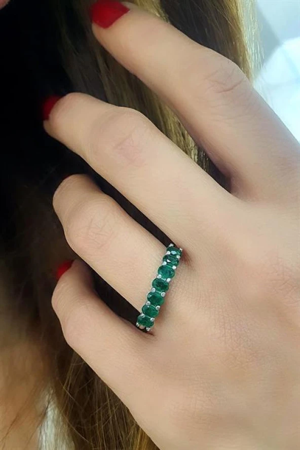 Sky Diamond Green Creative Rubies 925 Ayar Gümüş 7 Sıra Taş Yüzük ürün görseli