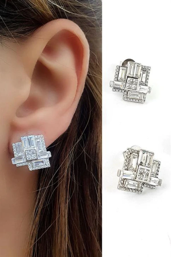 Pırlanta Parlaklığında Zirkon Taşlı Tasarım 925 Ayar Gümüş Beget Küpe ürün görseli