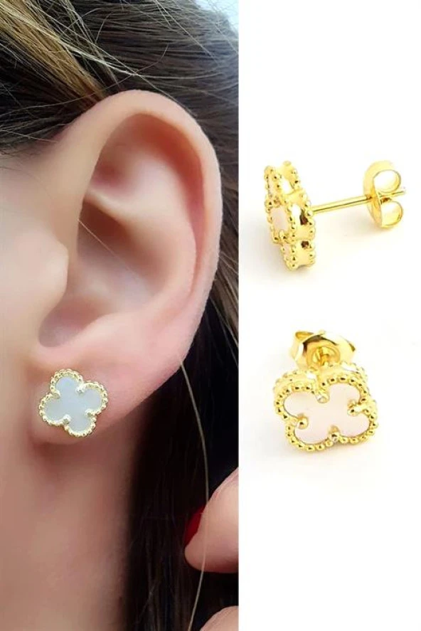 Sedef Taşlı 925Ayar Gümüş Üzerine Altın Kaplama Yonca Küpe ürün görseli