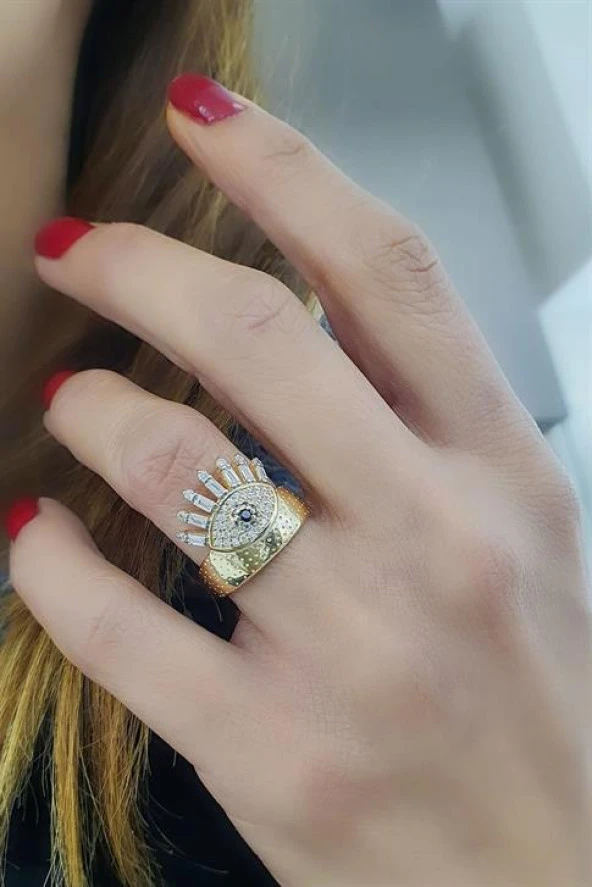 Göz Figürlü 925Ayar Gümüş Üzerine Altın Kaplama Luxury Tasarım Ayarlanabilir Yüzük ürün görseli