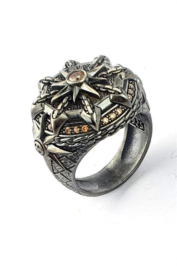 Sitrin Taşlı Siyah Rodajli 925Ayar Gümüş Özel Tasarım Erkek Yüzük ürün görseli