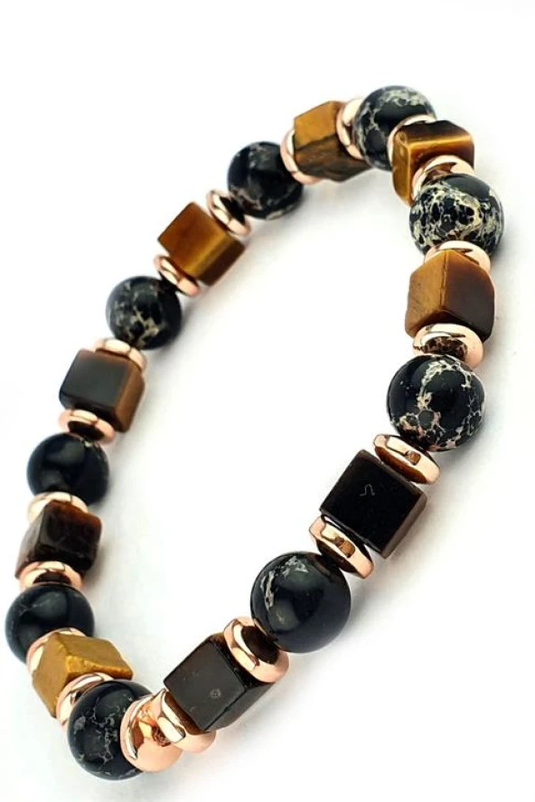 Kaplan Gözü Hematit Ve Akik Taşlı El İşi Doğal Taş Bileklik ürün görseli