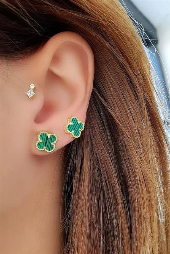 Yeşil Malakit Taşlı 925Ayar Gümüş Üzerine Altın Kaplama Yonca Küpe ürün görseli