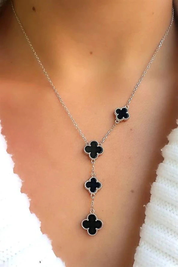 Oniks Taşlı 925Ayar Gümüş Yonca Modern Kolye ürün görseli