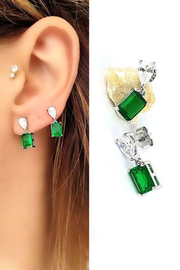 Pırlanta Parlaklığında Yeşil Zirkon Taşlı 925 Ayar Gümüş Şık Küpe ürün görseli