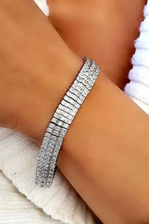 Pırlanta Parlaklığında Zirkon Taşlı 925Ayar Gümüş Lüks İtalyan Tasarımı Su Yolu Bileklik ürün görseli