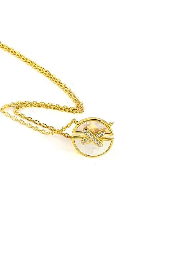 Zirkon Taş Detaylı 925Ayar Gümüş Üzerine Altın Kaplama Sedef İtalyan Tasarımı Trend Kolye ürün görseli