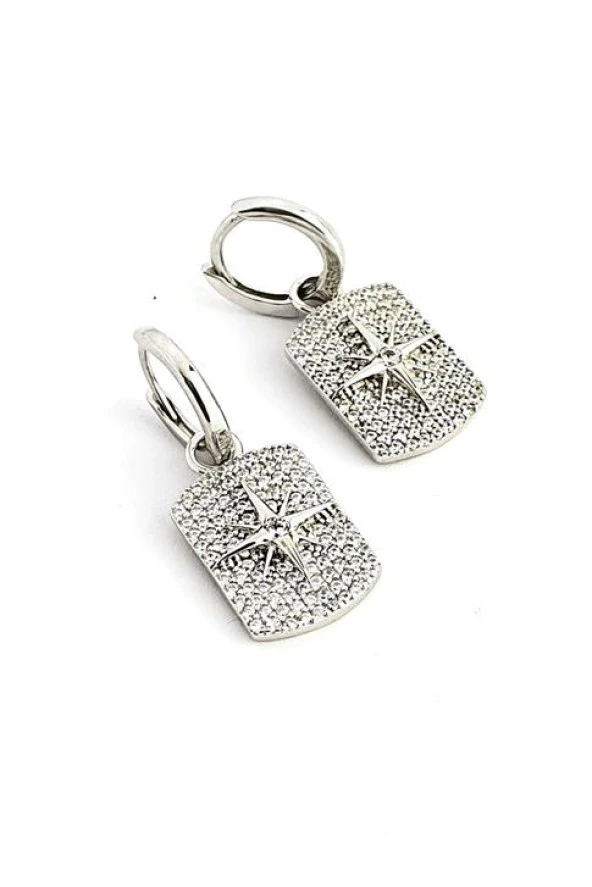 Pırlanta Parlaklığında Zirkon Taşlı 925Ayar Gümüş Üzerine Beyaz Altın Kaplama Kutup Yıldızı Detaylı Trend Küpe ürün görseli