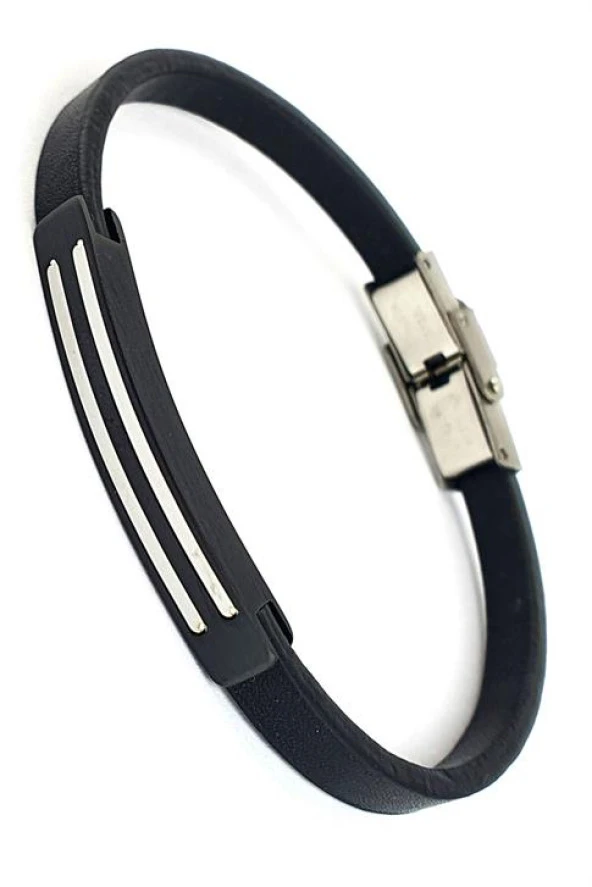 Siyah Rodajlı 316L Çelik Siyah Deri Tarz Erkek Bileklik ürün görseli
