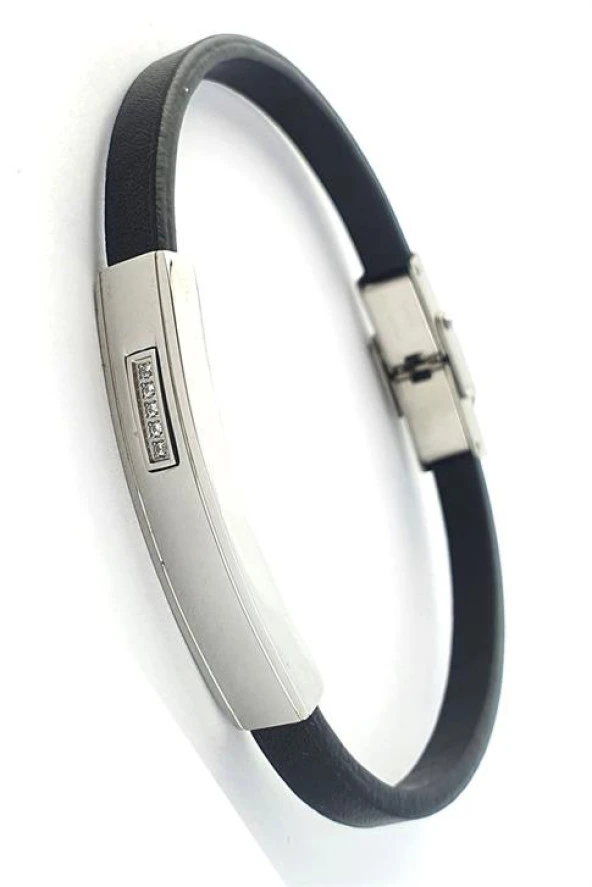 Swarovski Taş Detaylı 316L Çelik Siyah Deri Erkek Bileklik ürün görseli