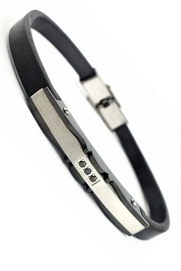 Oniks Taş Detaylı 316L Çelik Siyah Deri Erkek Bileklik ürün görseli