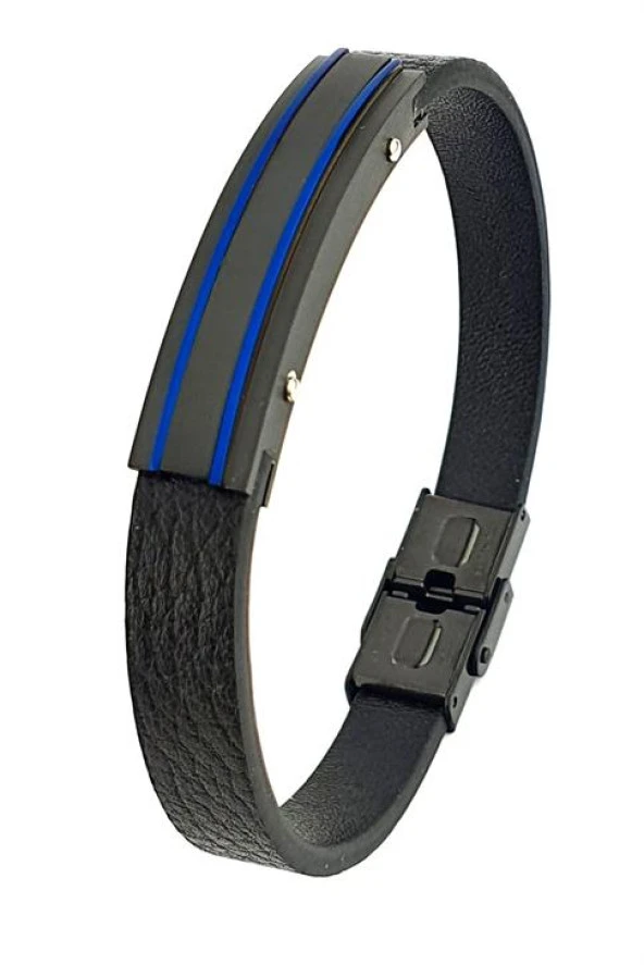 Siyah Rodajli 316L Çelik Detaylı Deri Erkek Bileklik ürün görseli