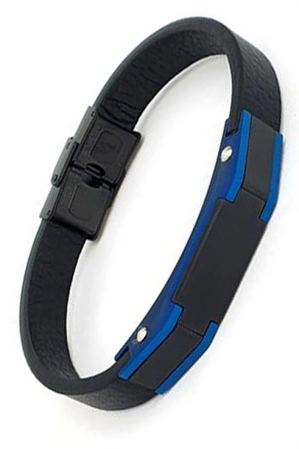 Mavi Rodajlı 316L Çelik Detaylı Deri Erkek Bileklik ürün görseli