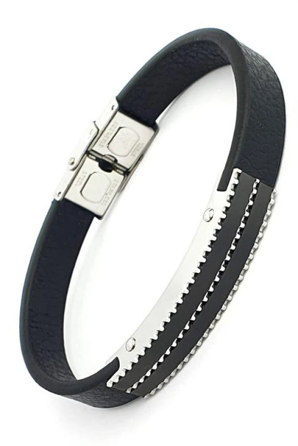 Siyah Rodajli 316L Çelik Detaylı Deri Erkek Bileklik ürün görseli