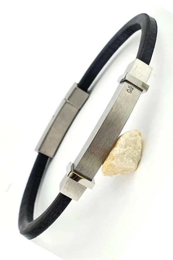 Swarovski Taş Detaylı 316L Çelik Siyah Deri Tarz  Erkek Bileklik ürün görseli