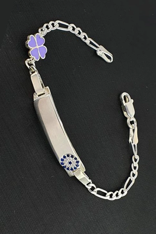 Mineli Yonca Ve Nazar Boncuğu  Figürlü 925 Ayar Gümüş Çocuk Bileklik ürün görseli