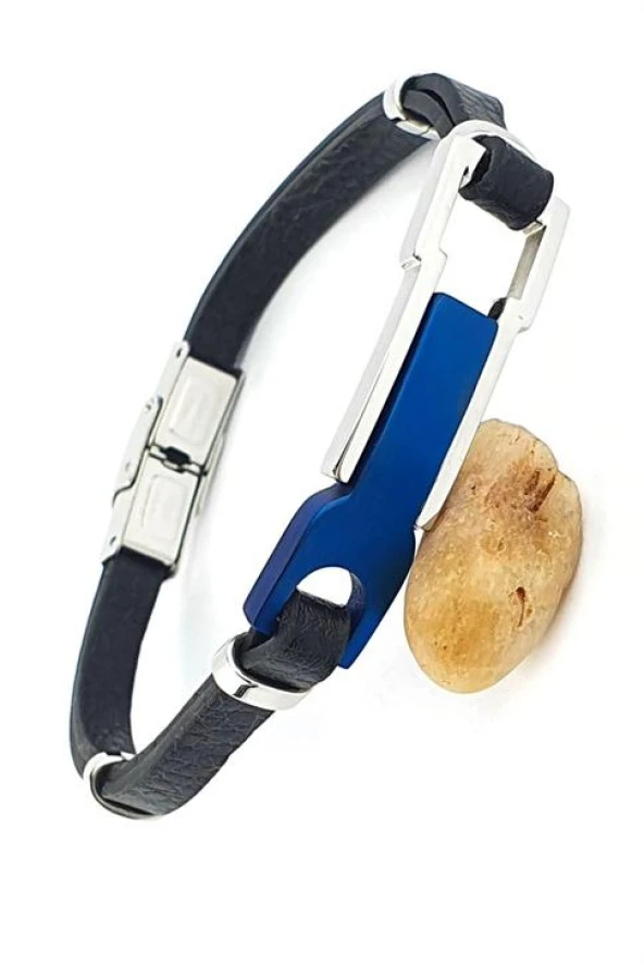 316L Mavi Rodajlı Çelik Detaylı Siyah Derili Tasarım Erkek Bileklik ürün görseli