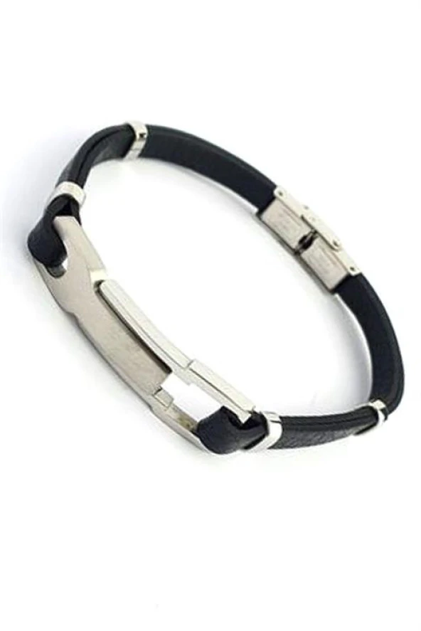 316L Çelik Detaylı Siyah Derili Tasarım Erkek Bileklik ürün görseli