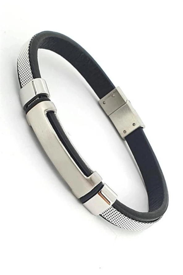 316L Çelik Detaylı Deri Erkek Bileklik ürün görseli