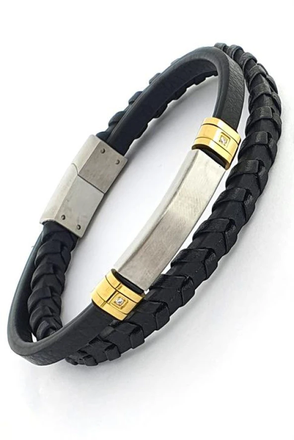 Taş Detaylı Siyah Rodajli İkili Deri Tarz Erkek Bileklik ürün görseli