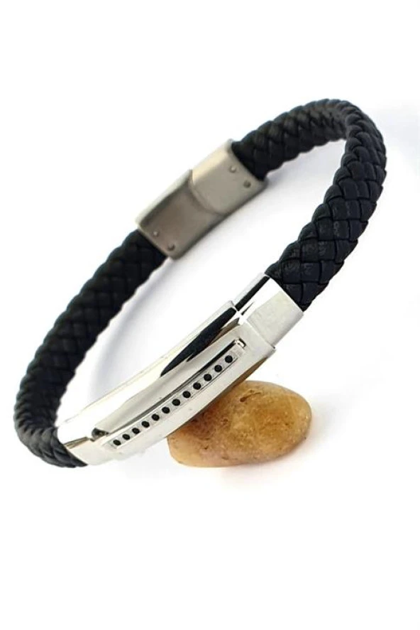 316L Çelik Detaylı Oniks Taşlı Siyah Deri Erkek Bileklik ürün görseli