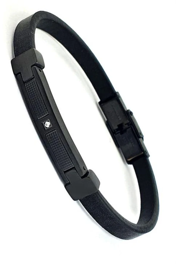 Swarovski Taş Detaylı 316L Çelik Siyah Deri Erkek Bileklik ürün görseli