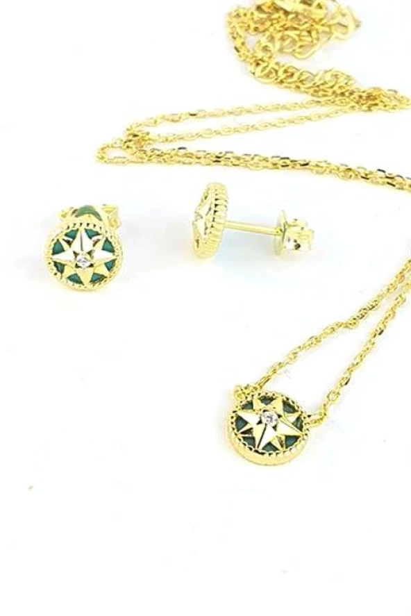 Doğal Turkuaz Taşlı 925Ayar Gümüş Üzerine Altın Kaplama Tasarım Minimal Kutup Yıldızı Set Takım ürün görseli