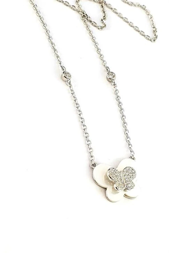 Sedef Taşlı Pırlanta Parlaklığında Zirkon Taş Detaylı 925Ayar Gümüş İtalyan Tasarımı Kelebek Kolye ürün görseli