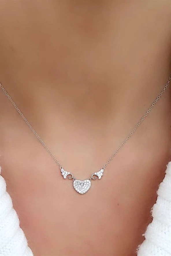 Sky Diamond Taşlı 925Ayar Gümüş Üzerine Beyaz Altın Kaplama Aşkın Kanatları Şık Kalp Melek Kanadı Kolye ürün görseli