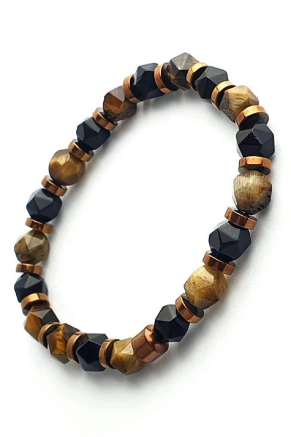 Kaplan Gözü Oniks Ve Hematit Taşlı El İşi Doğal Taş Bileklik ürün görseli