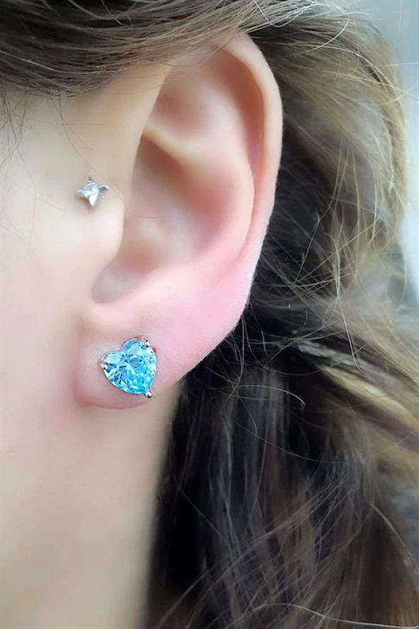 Sky Diamond Blue Aquamarin 925 Ayar Gümüş Kalp Küpe ürün görseli