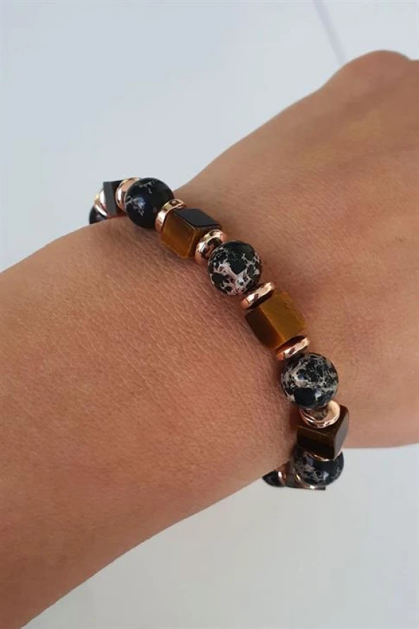 Oniks Hematit Ve Kaplan Gözü Taşlı El İşi Doğal Taş Bileklik ürün görseli