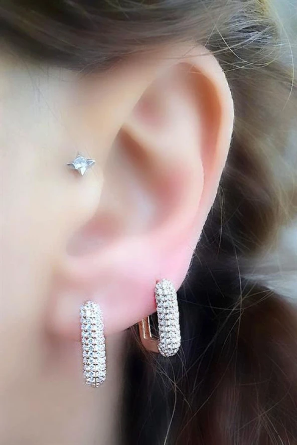 Zirkon Taş Detaylı 925Ayar Gümüş Üzerine Rose Altın Kaplama Bombeli Dikdörtgen Halka Küpe ürün görseli