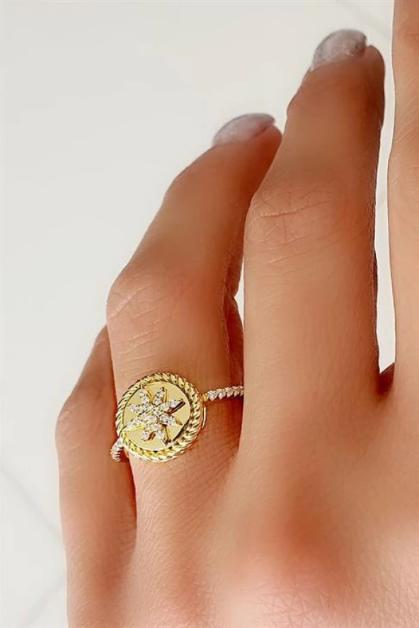 Zirkon Taş Detaylı Kutup Yıldızı Figürlü 925Ayar Gümüş Üzerine Altın Kaplama İtalyan Tasarımı Trend Yüzük ürün görseli