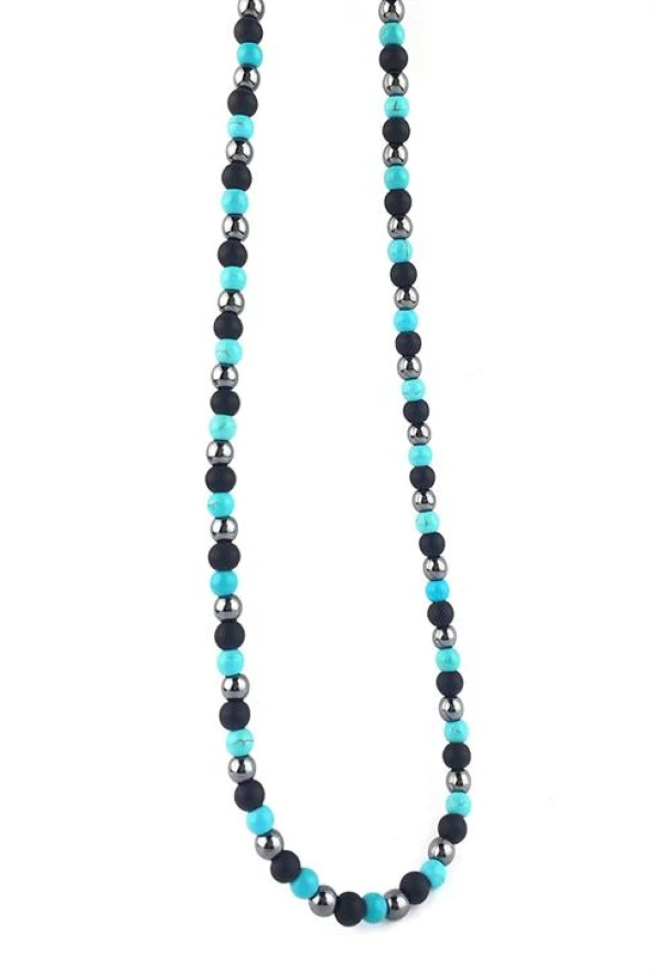 Mat Oniks Turkuaz  Ve Hematit Taşlı El İşi Tasarım Doğal Taş Kolye ürün görseli