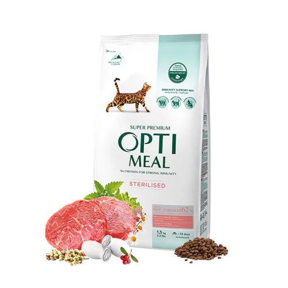 Optimeal Süper Premium Dana Etli-Sorgumlu Kısır Kedi Maması 1,5 Kg