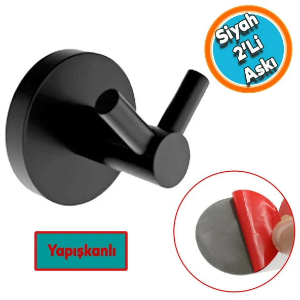 Yapışkanlı Metal Sağlam Banyo Lavabo Çatal 2li Askılık Aparat Bornoz Havlu Asma Askı Siyah Renk