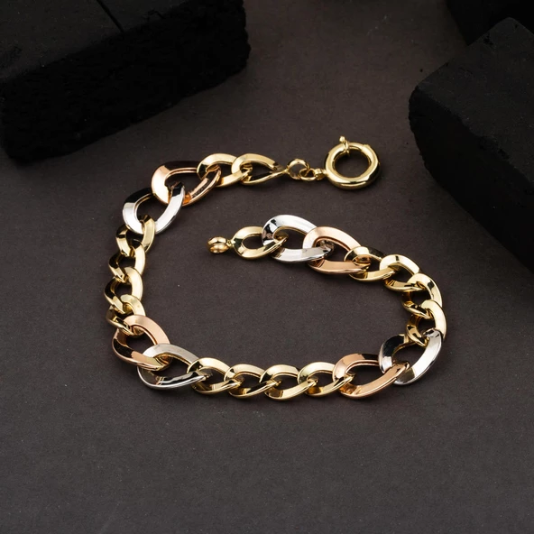 Halkalı Tria Renkli 14 Ayar Altın Bayan Bileklik - Resim 5