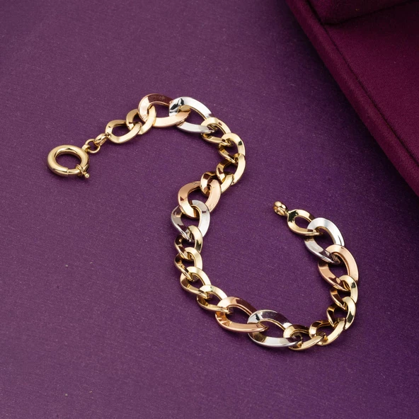 Halkalı Tria Renkli 14 Ayar Altın Bayan Bileklik - Resim 2