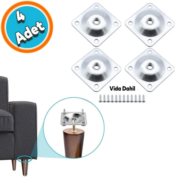 Mobilya Dolap Masa Baza Zigon Sehpa Ayağı Metal Bağlantı Aparatı M8 Civatalı Düz Ayak Tabanı (4 ADET)
