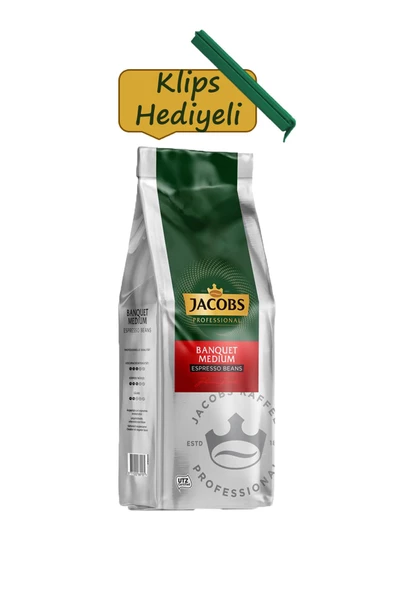 Jacobs Banquet Medium Espresso Beans Çekirdek Kahve 1 kg + Klips Hediyeli