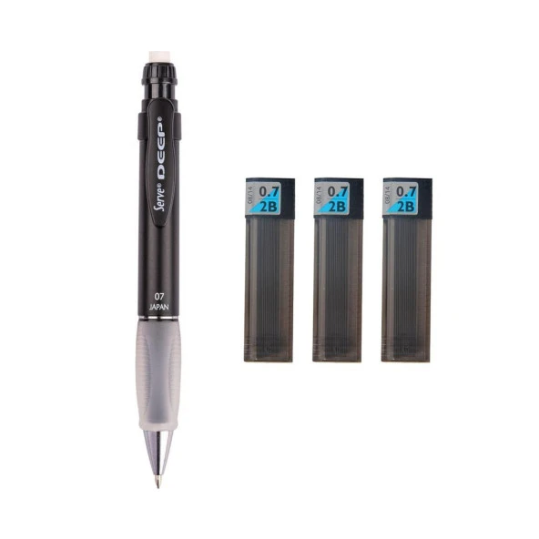 Serve Deep Mekanik Uçlu Kalem 0.7 mm Metalik Mr. Siyah + Tombow 0.7 mm 2b Uç 3 Adet